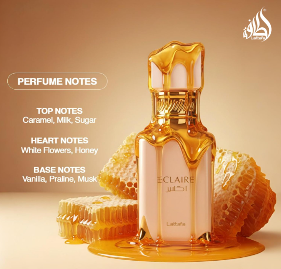 Effortless resort wear scent of the day perfume Eclaire by Lattafa with warm sweet floral notes and soft golden glow