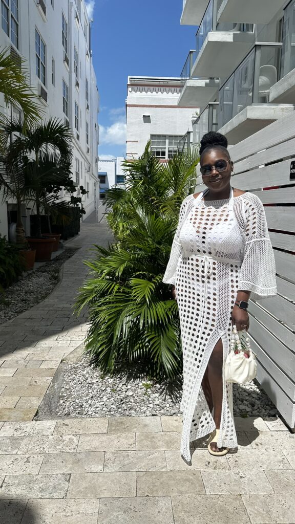 Effortless resort wear all white Miami poolside look with crochet cover up dress and white accessories